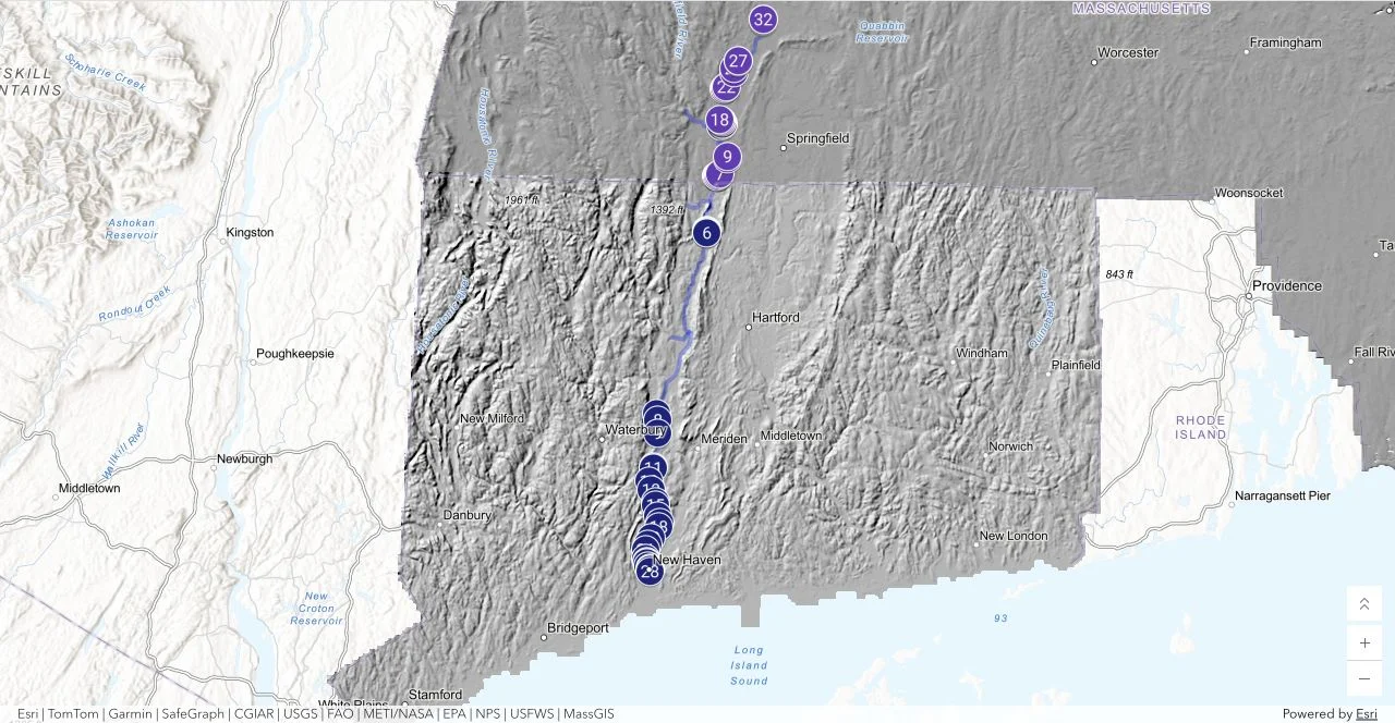 Canal route and points of interest from New Haven, Connecticut, to Northampton, Massachusetts, over shaded relief.